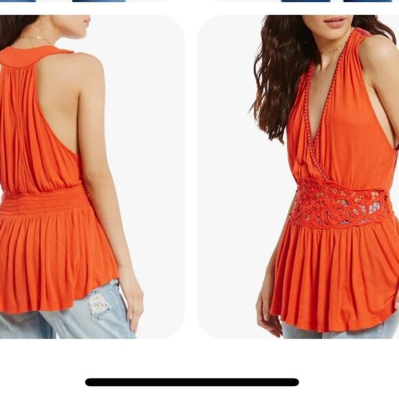 NWT Free People Megan Embroidered
Crochet Waist Peplum Top Tank XS Red/Orange - Picture 2 of 12